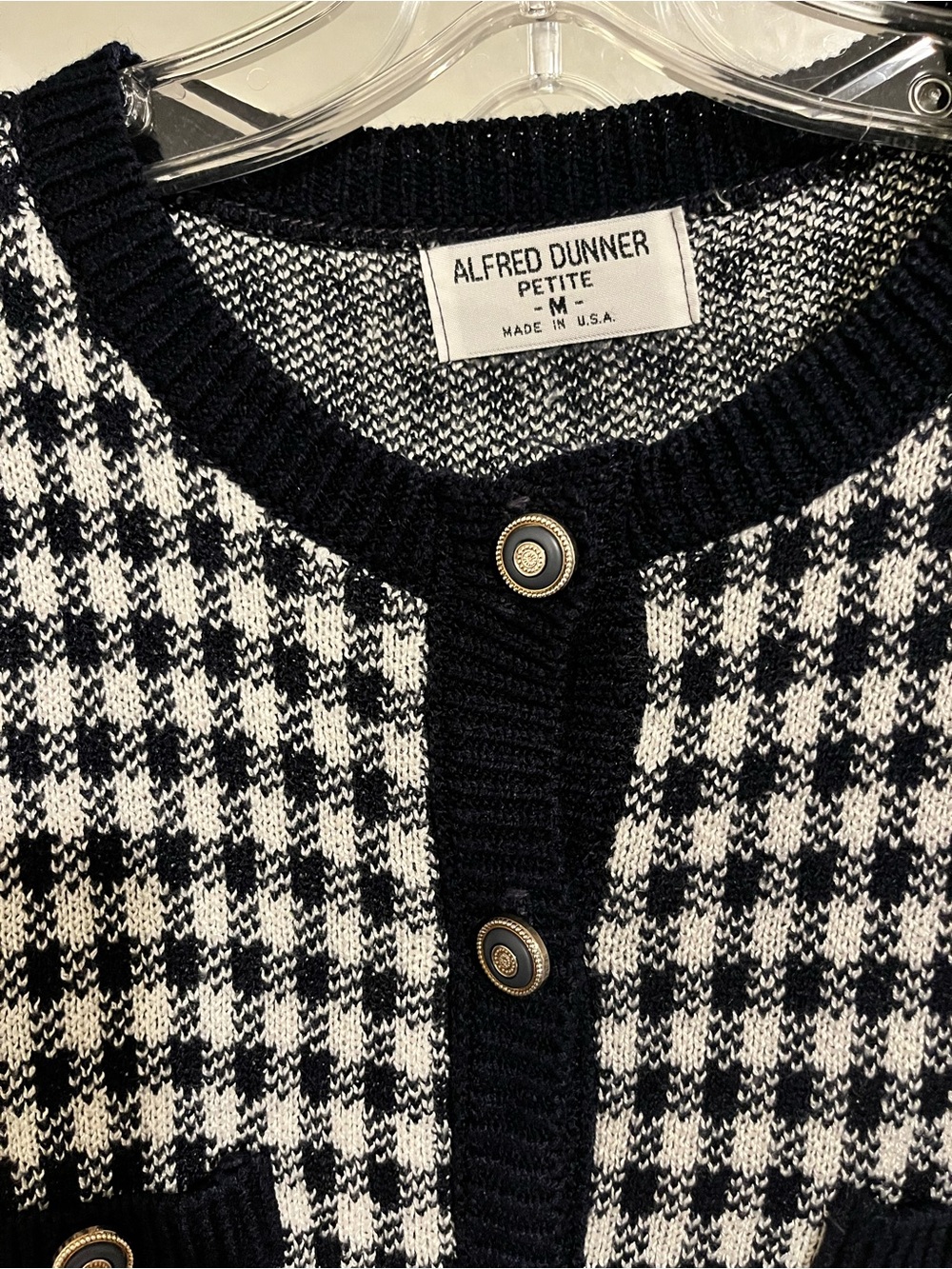 Vintage Navy & White Houndstooth Knit Cardigan Sweater - Picture 4 of 4